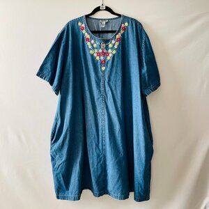 Capistrano Womens Denim Blue Short Sleeve Embroidered A-Line Dress Plus Size 3X